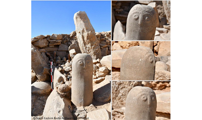 This anthropomorphic standing stone at the Neolithic hunting shrine of Jibal al-Khashabiyeh is part of one of the earliest ritual structures in the world. (South Eastern Badia Archaeological Project)