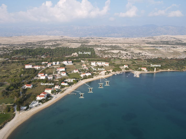 Aerial view of the northeast portion of Caska Cove, with indications of the locations where Calpurnia’s four altars were discovered. (Photo: Vinko Madiraca, modified by Maja Grisonic) 